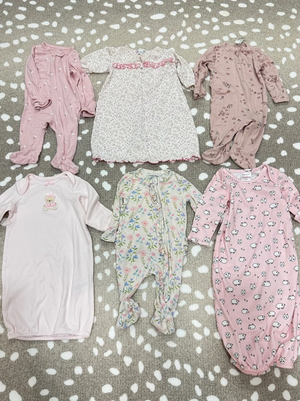 Lot of 6 pima bamboo newborn baby girl footies gown teddy bear lambs mittens